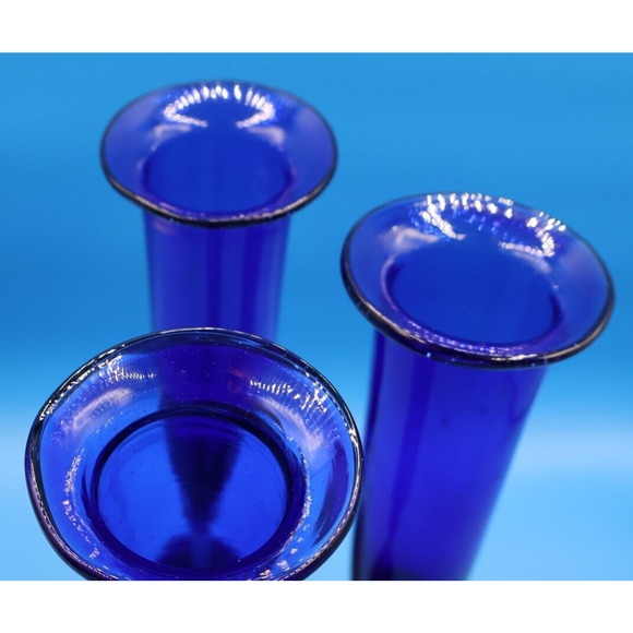 Set Of 3 Cobalt Blue Fluted Glass with Flat Rim Frosted Stem Art Decor. - Picture 4 of 11
